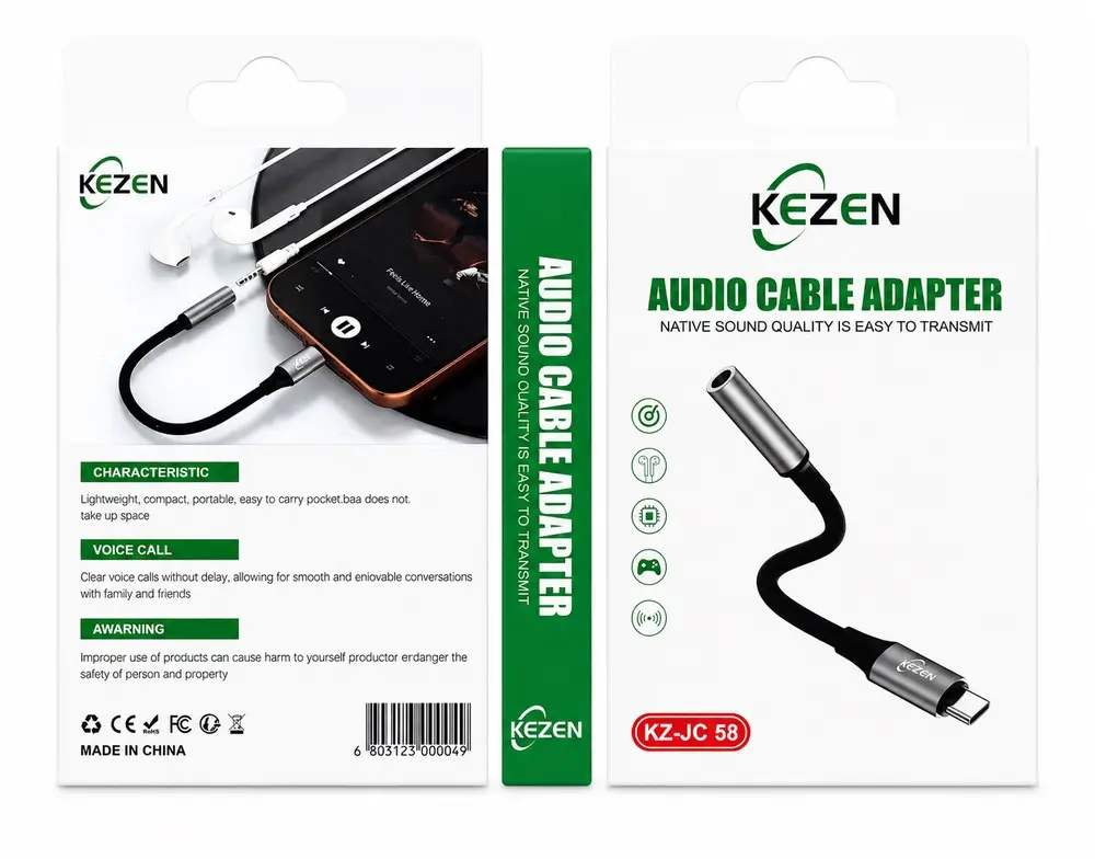 مبدل صوتی KEZEN KZ-JC58 تبدیل USB Type-C به جک 3.5 میلی‌متری هدفون با کیفیت صدای Hi-Fi و بدنه فلزی مقاوم AUDIO CABLE ADAPTER KZ-JC 58